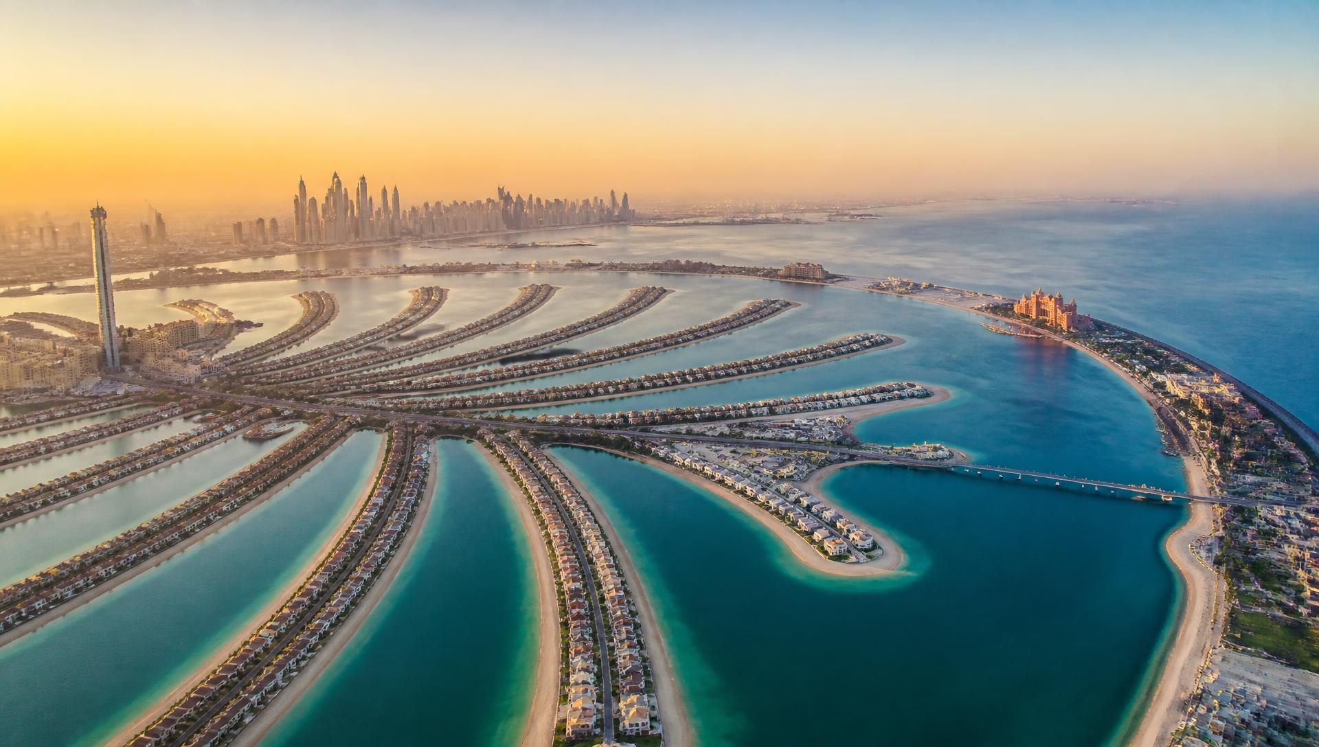 Aerial view of Palm Jumeirah, Dubai, at sunrise